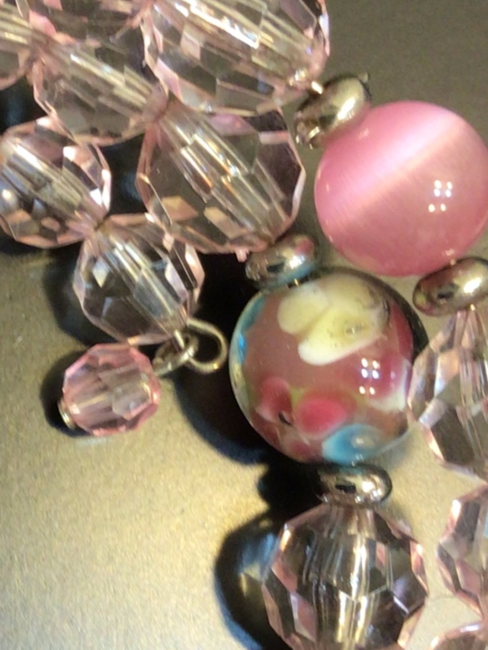 Triple Strand Wrap-around Pink Beads/Cat’s Eye/Lampwork Glass Bracelet - Picture 4 of 4